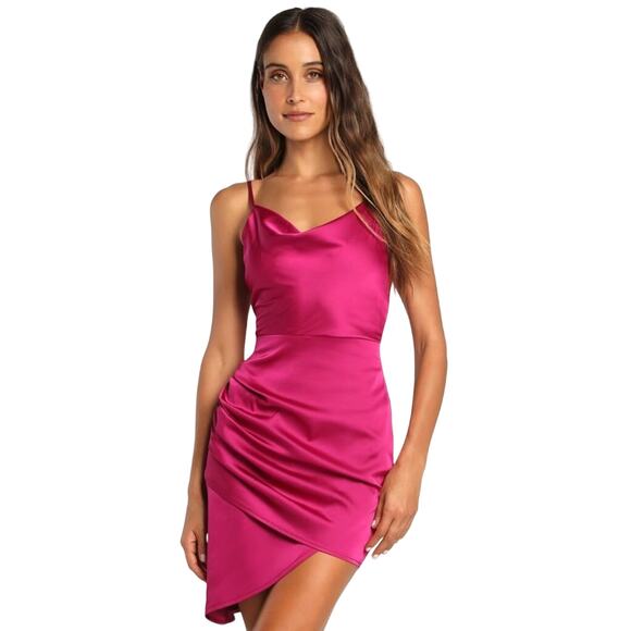 Lulus Magenta Satin Asymmetrical Mini Dress XL – Cowl Neck Ruched Party NWOT - Picture 1 of 8